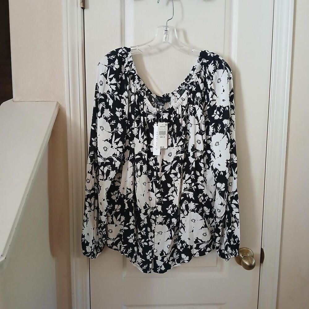 NWT Sanctuary Black & White Floral Button Up Blouse 1X Office Siren Monochrome